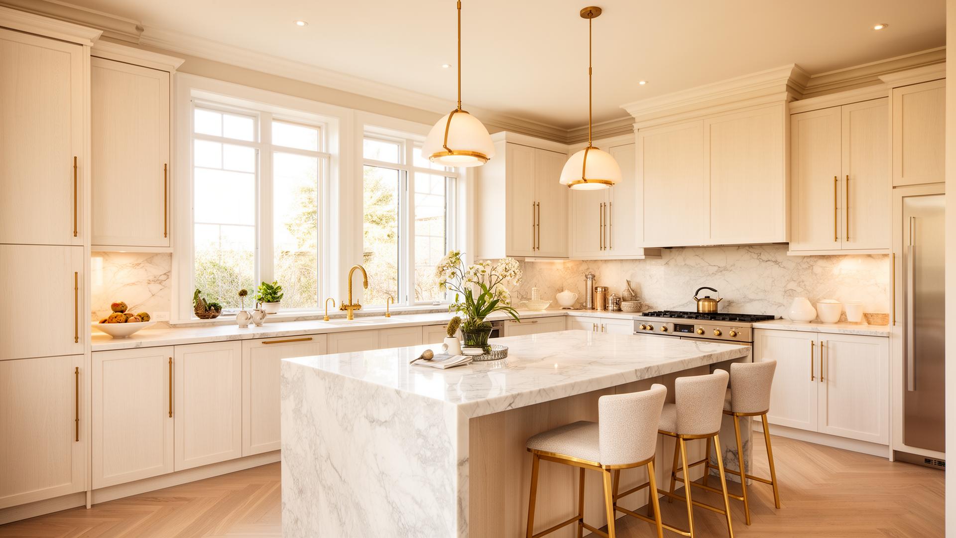 Bright luxury Austin kitchen remodel with white oak cabinetry, marble waterfall island and brass fixtures
