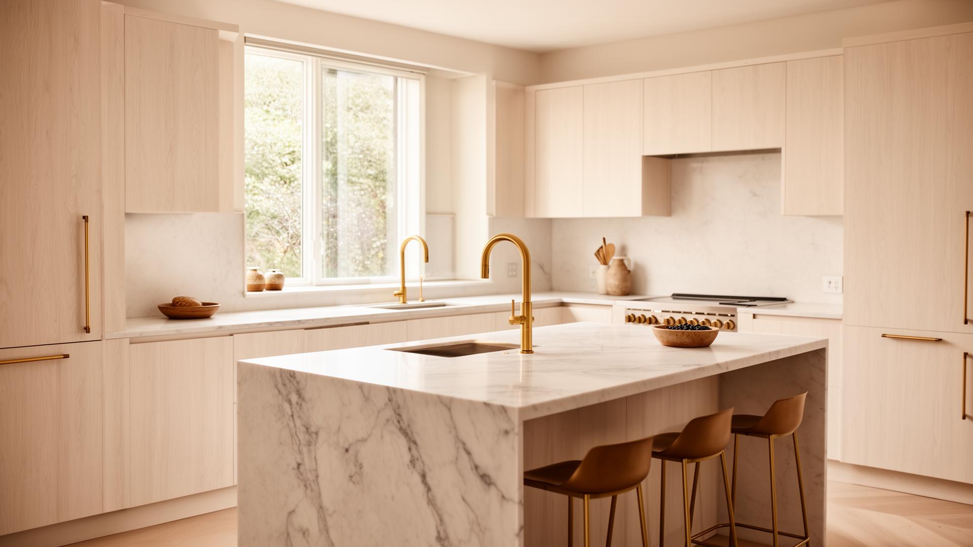 Modern Austin kitchen remodel with white oak cabinets, marble waterfall island and brass fixtures