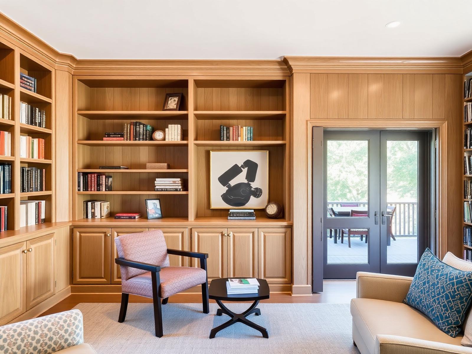 Custom white oak built-in bookshelves in an Austin home library
