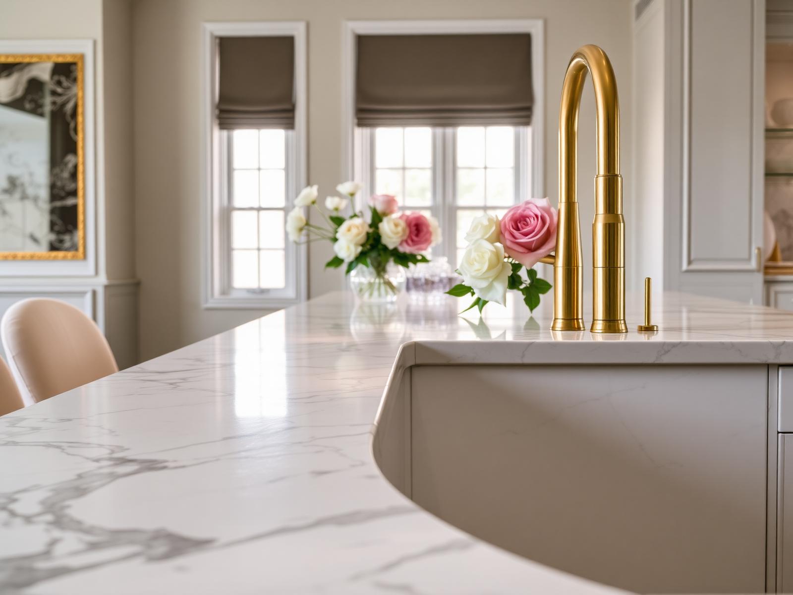 Calacatta marble waterfall countertop with brass faucet in an Austin kitchen