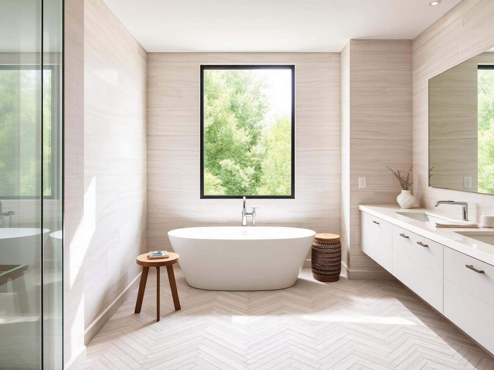 Herringbone porcelain tile installation in a luxury Austin bathroom